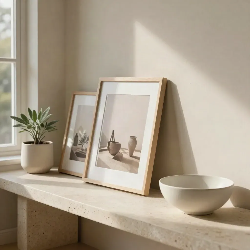 Stenen bank met ingelijste prints, plant en keramische schaal in warm namiddaglicht.