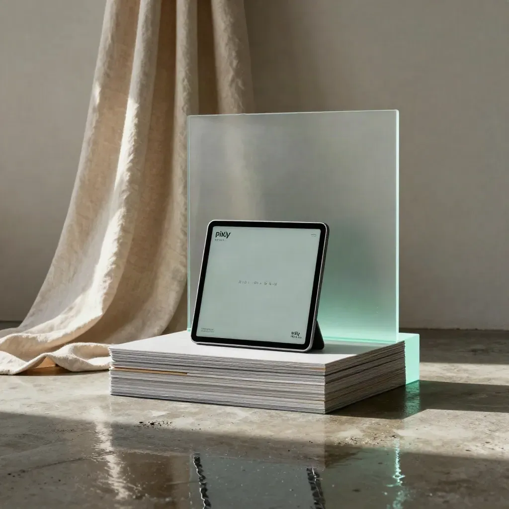 Donkere hero-opstelling met tablet, printboards, acrylpanelen en lichtkubus in natte mist.