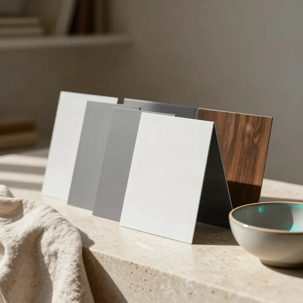 Zes vierkante mockups op travertijn met reflector, linnen doek en keramisch schaaltje