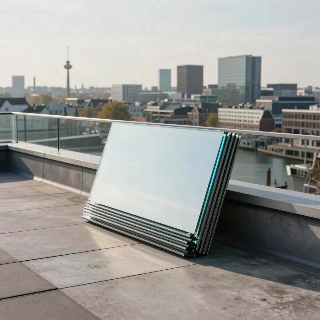 Rooftop met glas, beton en staal, beeldplaten en cyan reflectie tegen lage skyline.