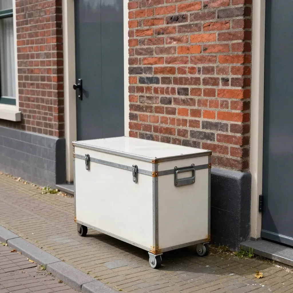 Bakstenen Brabantse binnenplaats met transportkist en setstukken bij een metalen deur.